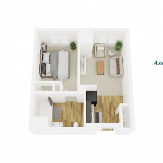 3D floor plan of a one-bedroom apartment layout.