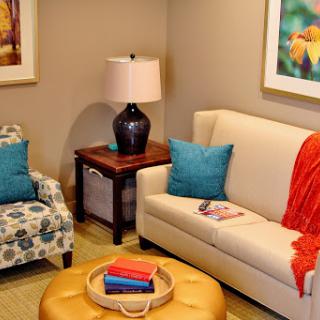 A cozy living room setup featuring a stylish sofa, colorful armchair, and decorative accents.