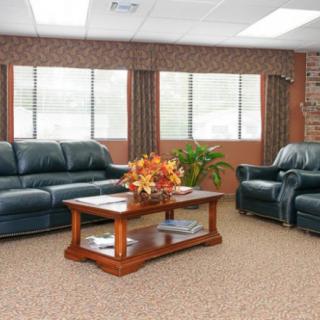A cozy living room with leather sofas, a wooden coffee table, and decorative elements.