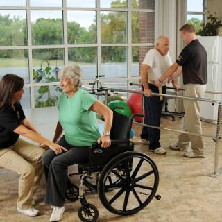 A rehabilitation session where caregivers assist elderly patients in a supportive environment.