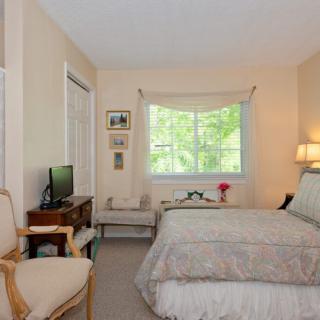 A cozy bedroom with a neatly made bed, a small television, and a bright window that lets in natural light.