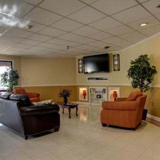 A cozy living room featuring comfortable seating, a wall-mounted TV, and decorative plants.