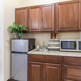 A compact kitchenette with wooden cabinets, a mini fridge, microwave, and a small sink, accented by a plant on the countertop.