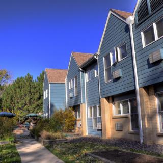 A row of modern townhouses with blue siding under a clear, blue sky.