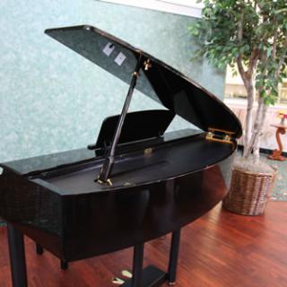 A polished black grand piano set in an elegant interior space.