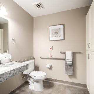 A modern, accessible bathroom with a toilet, sink, and mirror.