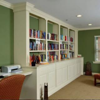 A cozy home office with a large bookshelf, a desk, and green walls.
