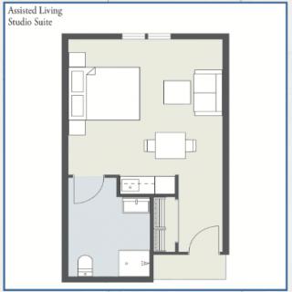 Floor plan of an assisted living studio suite.