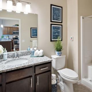 A modern bathroom interior featuring a sink with granite countertop, toilet, and shower.