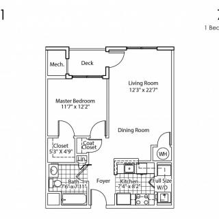 A detailed floor plan of a one-bedroom apartment featuring a master bedroom, living/dining area, kitchen, and two closets.