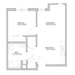 A simple floor plan of a one-bedroom apartment with labeled rooms including a bathroom, kitchen, and living area.