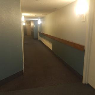 A narrow hallway with soft lighting and carpeted floors.