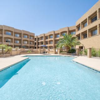 A serene hotel pool surrounded by elegant architecture and lush palm trees on a sunny day.