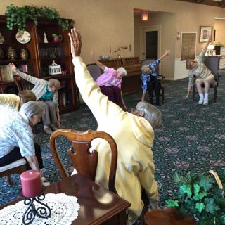 A group of elderly individuals participating in a seated exercise session indoors.