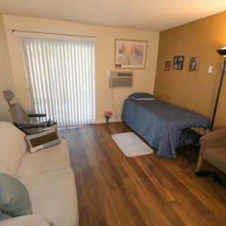 A cozy bedroom with a single bed, a comfortable couch, and warm wooden flooring.