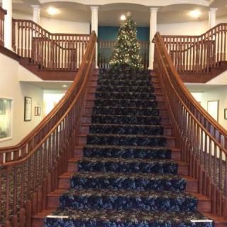 A grand staircase adorned with a holiday-themed carpet and a Christmas tree at the top.