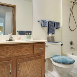 A clean and organized bathroom with wooden cabinets, blue decorative towels, and a shower area.