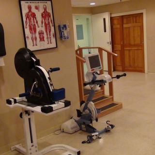 A physical therapy room featuring various exercise equipment and a medical anatomy poster on the wall.