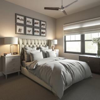 A modern and cozy bedroom with elegant decor and ample natural light.