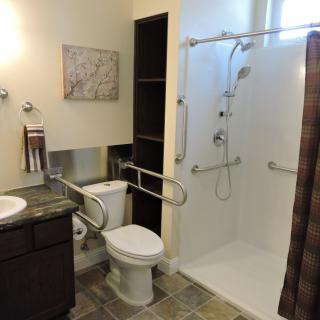A modern, accessible bathroom with a shower, grab bars, and a toilet.