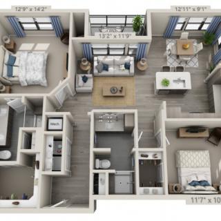 A 3D rendered floor plan of a modern two-bedroom apartment with a living room, kitchen, and multiple bathrooms.