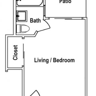 Studio apartment floor plan with a living/bedroom area, bathroom, closet, and patio.