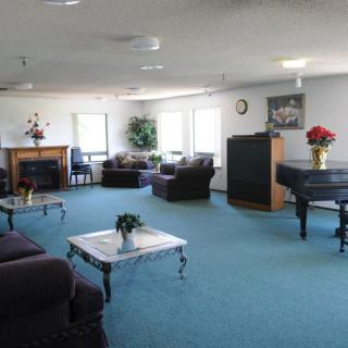 A spacious living room featuring sofas, a piano, tables, and a fireplace with blue carpet and decorative plants.