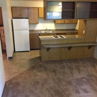 A view of a kitchen in an apartment featuring wooden cabinets, a white refrigerator, and a stovetop on the countertop.