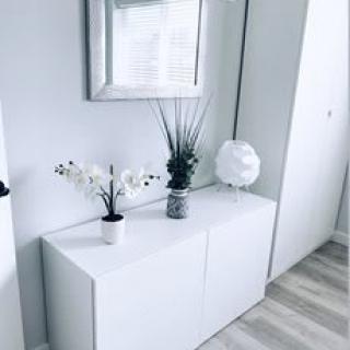 A minimalist interior featuring a white cabinet with decorative plants and a mirror above.