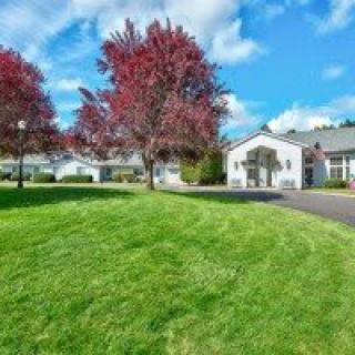 A scenic view of a well-maintained lawn with trees and a house in the background.