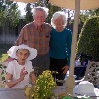 A group of elderly people enjoying a sunny day in the garden.