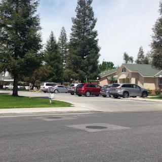 A peaceful neighborhood scene with parked cars and surrounding greenery.