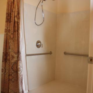 A bathroom shower area with grab bars and a floral shower curtain.