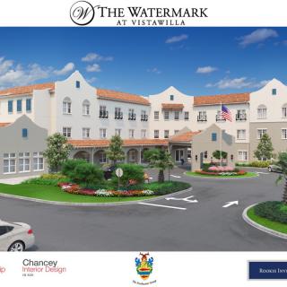 The Watermark at Vistawilla senior living facility with landscaped entrance and modern architecture.
