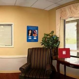 A cozy waiting room with an armchair, a small indoor plant, and a window allowing natural light to filter in.