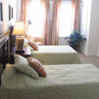 A cozy bedroom featuring twin beds with light green covers, a bedside lamp, and checkered curtains.
