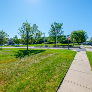 A sunny day in a park with lush greenery, trees, and a well-maintained sidewalk.