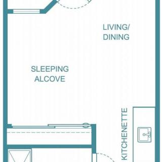 Floor plan of a studio apartment showing sections for sleeping, living, dining, and a kitchenette.