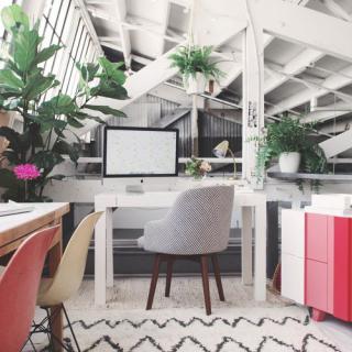 A stylish and cozy home office setup with a computer desk surrounded by lush green plants.