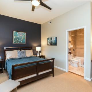 A modern bedroom with a blue accent wall, featuring a wooden bed frame and an adjoining bathroom.