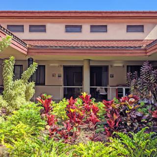 A vibrant garden in front of a modern residential building.