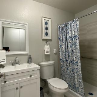 A modern bathroom with a white sink, mirror, toilet, and a blue patterned shower curtain.