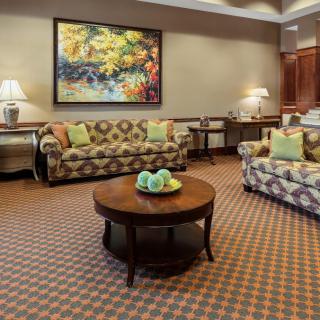 A well-decorated living room with patterned sofas, a central coffee table, and vibrant artwork on the wall.