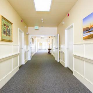 A well-lit, carpeted hallway with artwork on the walls and several doors leading to different rooms.