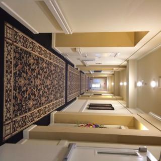 A well-lit hallway with a patterned carpet and doors on each side.