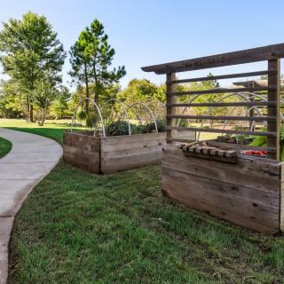 Wooden planter boxes and a pathway in a serene outdoor garden.