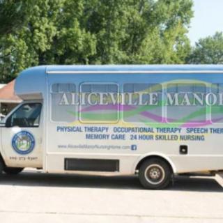 A healthcare service van offering physical, occupational, and speech therapy parked outdoors.
