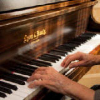 Hands playing a piano with intricate keys.