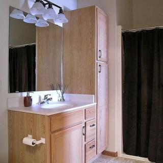 A bathroom featuring a sink with a large mirror and wooden cabinets.