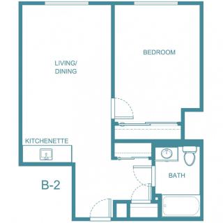 This is a floor plan of a one-bedroom apartment featuring a living/dining area, kitchenette, and bathroom.